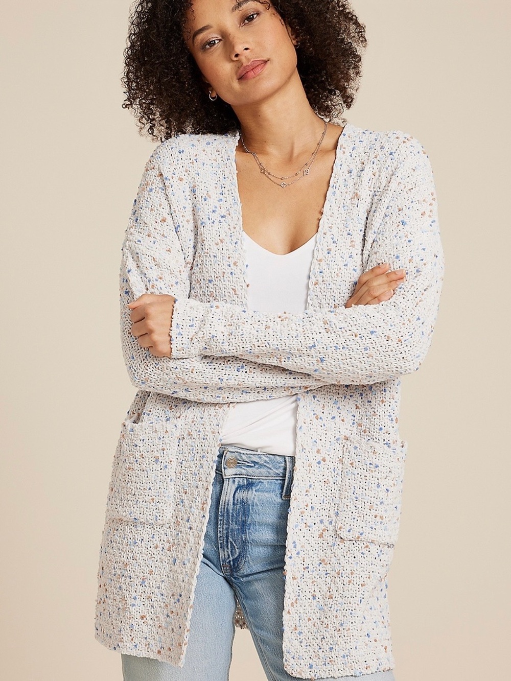 Maurice’s Open -Front Cream confetti style Speckled Knit Cardigan Sweater XL